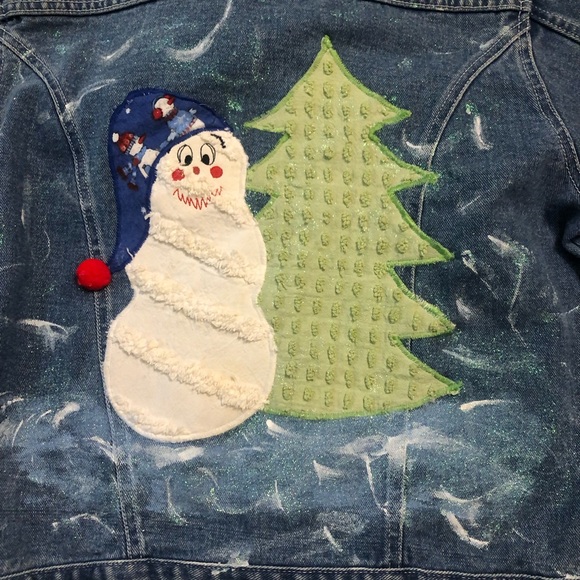 Vintage Upcycled Christmas Denim Jean Jacket Chenille Appliqué Snowman Medium - Picture 4 of 6